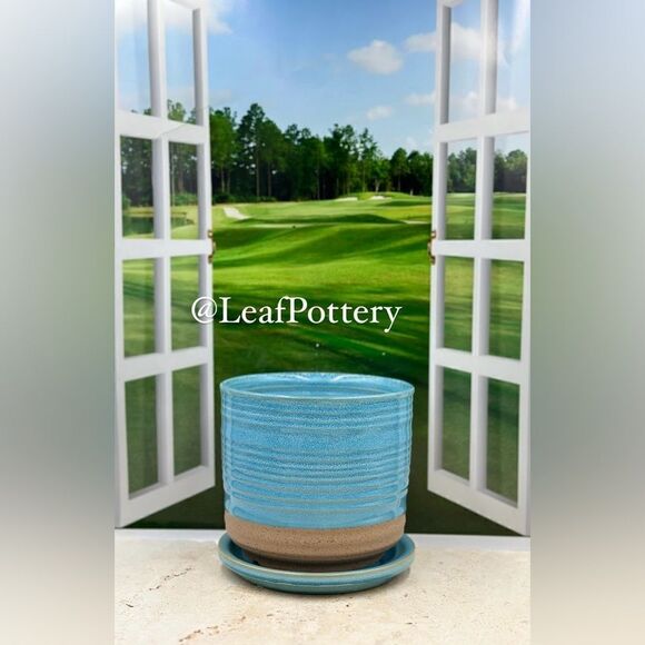 Bluish Blue/Beige Ceramic Planter Pot with Saucer Attached - Picture 4 of 11